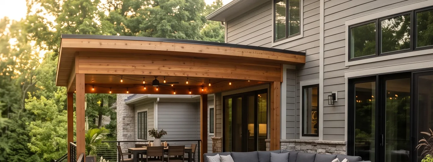 Finished covered deck with cedar roof and string lights in Northeast Ohio