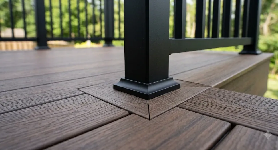 Close-up of composite deck boards mitered around a black aluminum post with a picture-frame border