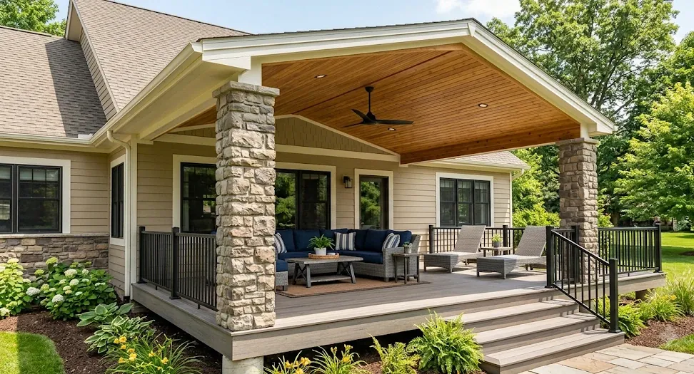 Covered deck with stone columns, cedar tongue-and-groove ceiling, and a ceiling fan