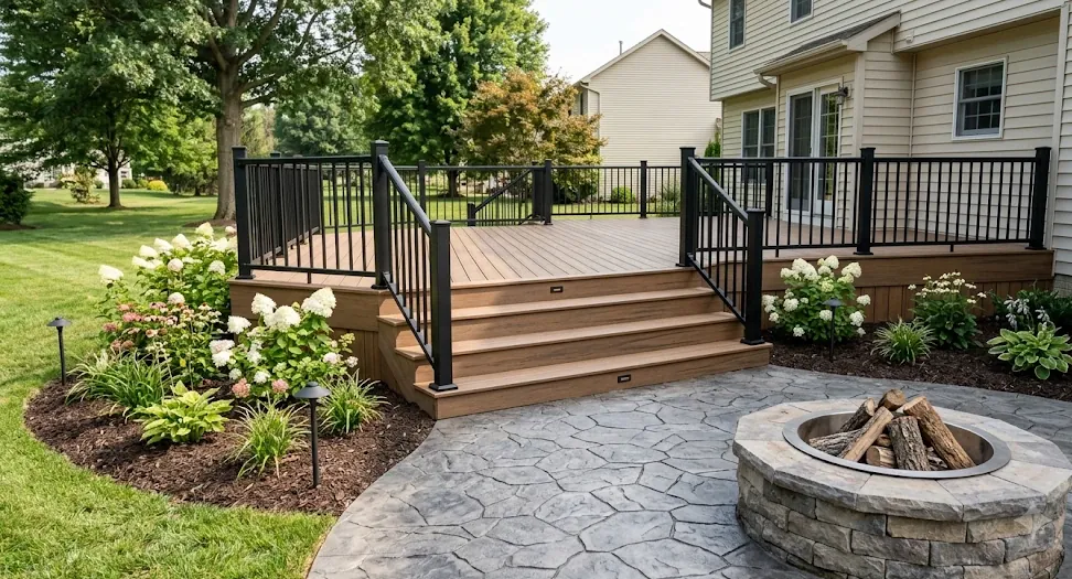 Two-tier composite deck with black railing leading down to a stamped concrete patio and stone fire pit