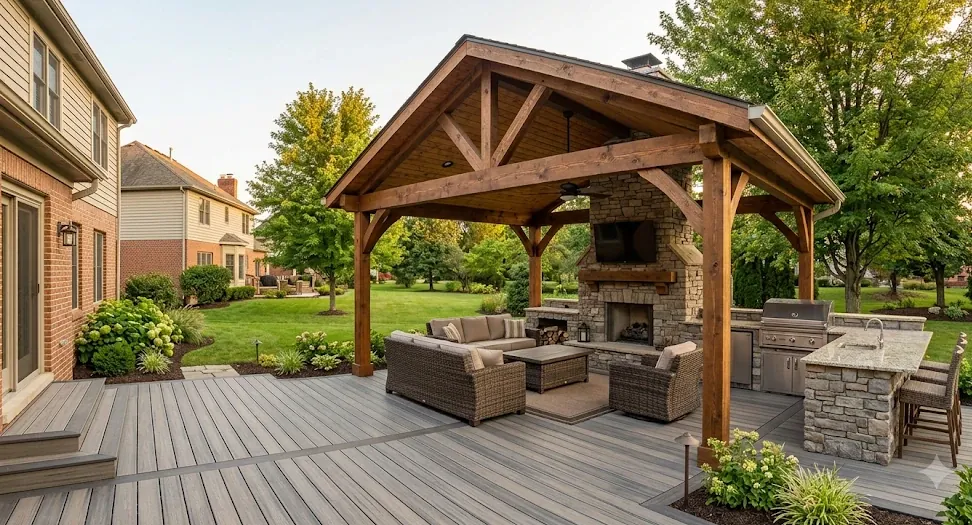 Freestanding timber pavilion over a gray composite deck with an outdoor kitchen and stone fireplace