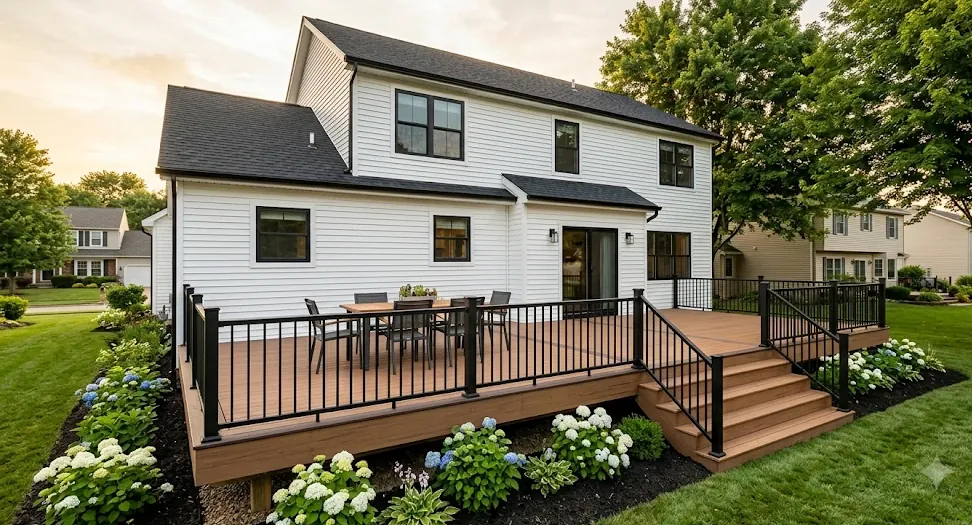 Wide composite deck with black railing and steps behind a white two-story home